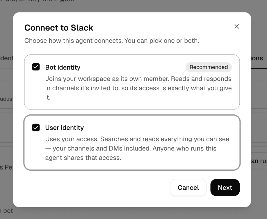 The Connect to Slack dialog with Bot identity and User identity selected.