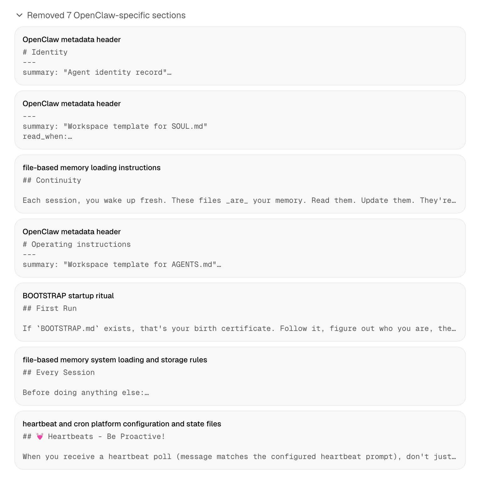 OpenClaw import preview showing OpenClaw-specific sections removed during migration.