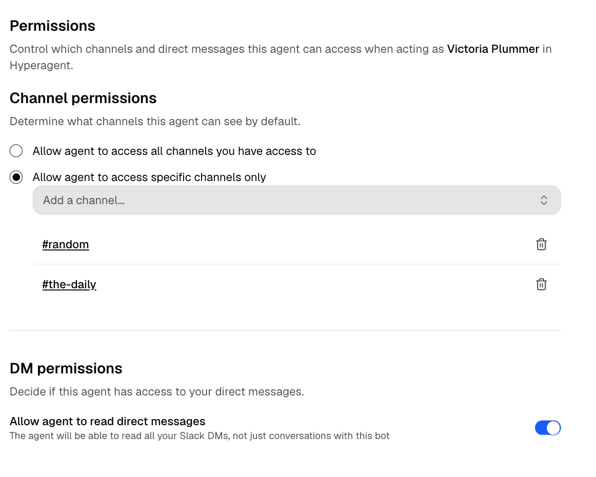 The Permissions screen for a bound user identity, with channel permissions and a DM read toggle.
