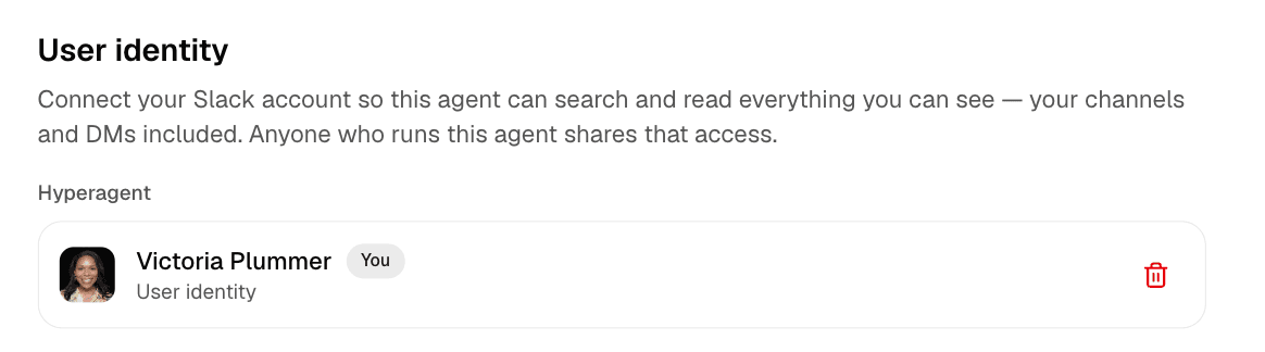 The User identity section showing a connected person marked as You, with a remove option.