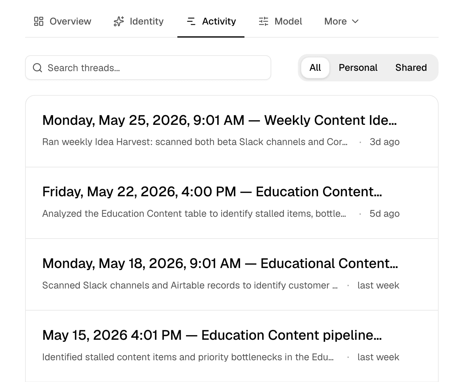 Activity showing recent agent runs.