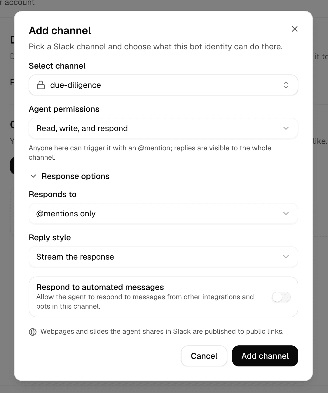 The Add channel dialog, with a channel picker, an agent-permissions dropdown, and response options including respond-to and reply style.