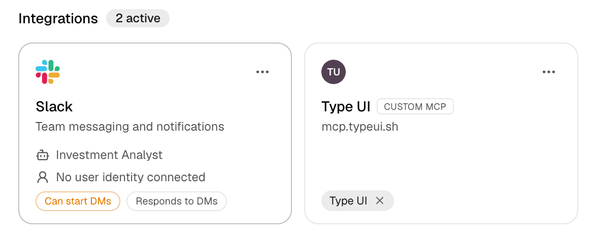 An agent's Integrations settings showing a Custom MCP server attached alongside Slack.