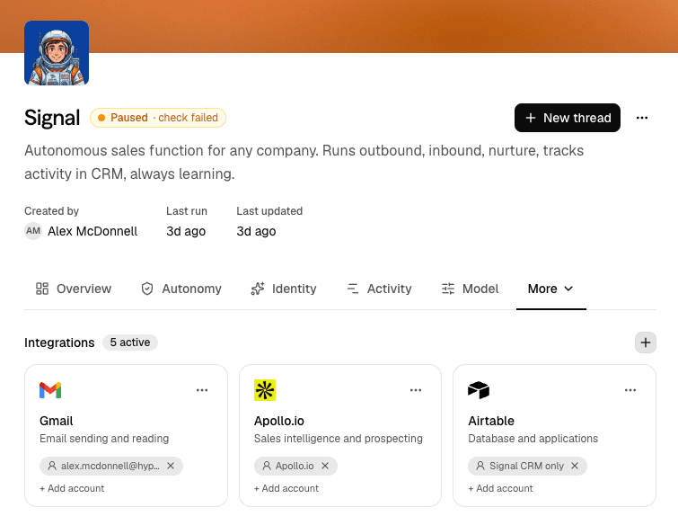 Screenshot of an agent's settings showing the connected integrations.