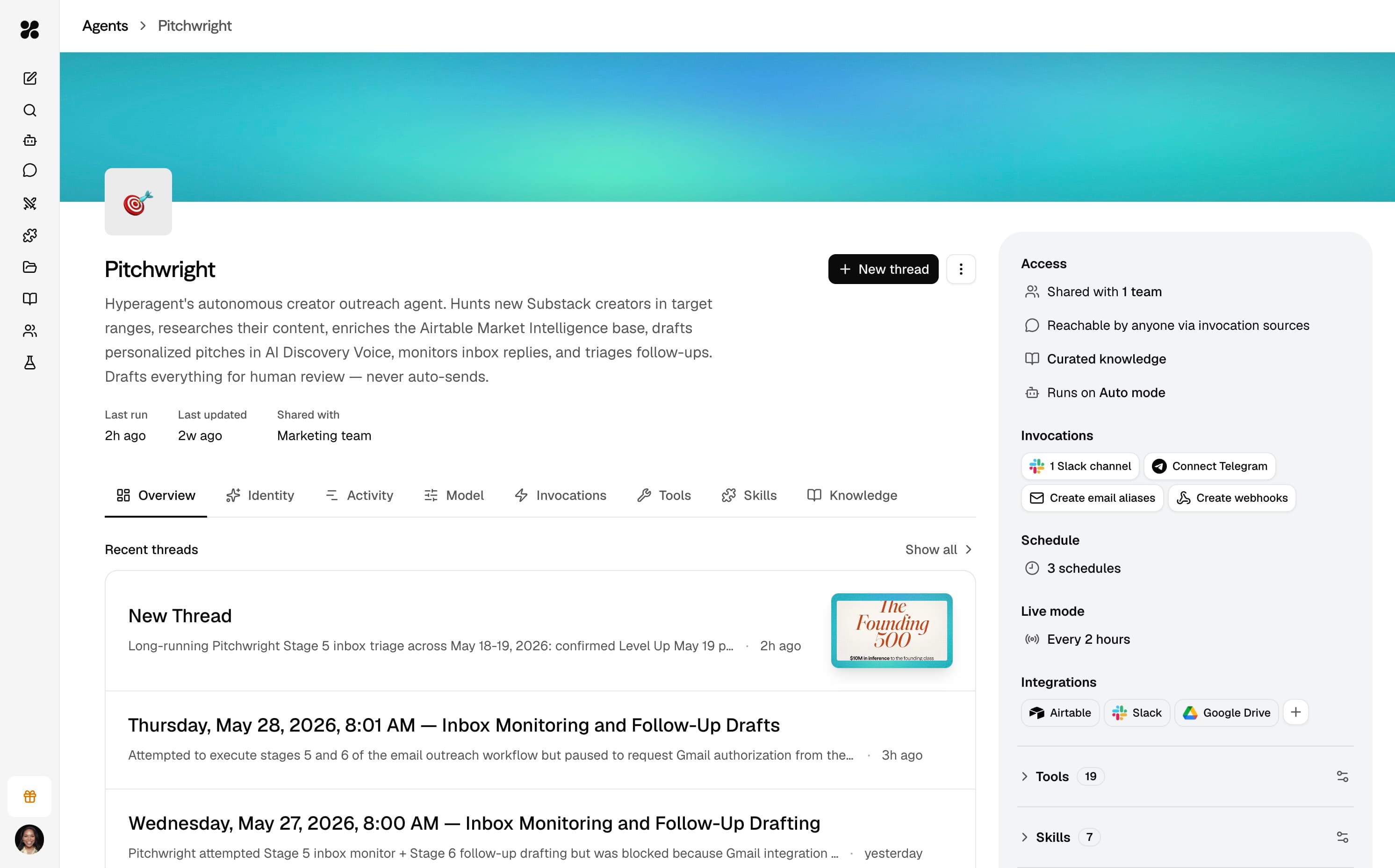 Agent overview with recent threads, access, invocations, schedules, Live Mode, integrations, tools, and skills.