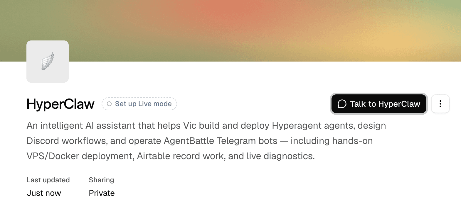 Imported agent configuration page showing identity, Live Mode setup, and the Talk to agent button.