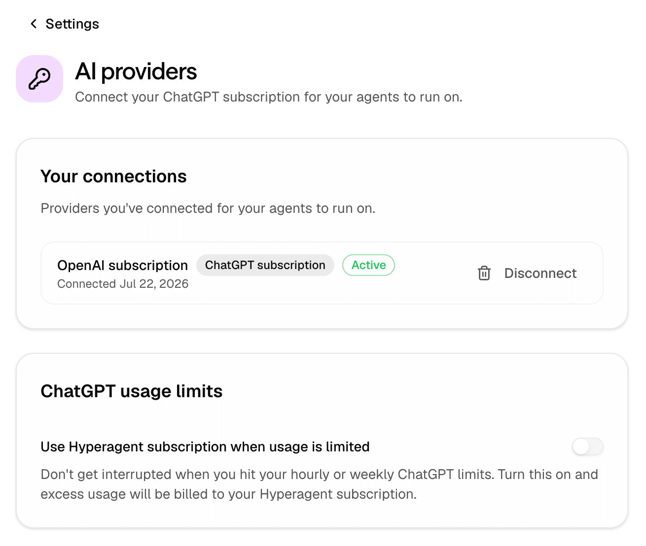 AI providers settings showing an active ChatGPT subscription and an option to use the Hyperagent subscription when ChatGPT usage is limited.