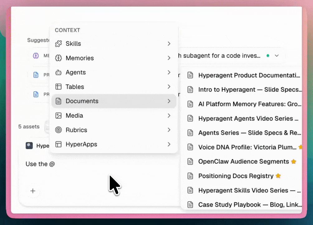 Thread context menu showing skills available through an at mention.