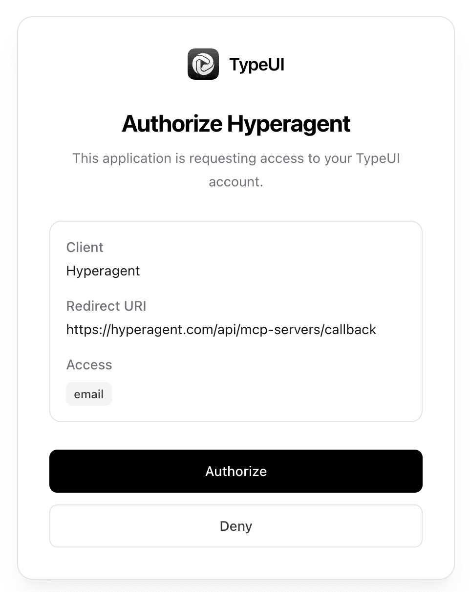 A provider authorization screen asking the user to approve Hyperagent's requested access.