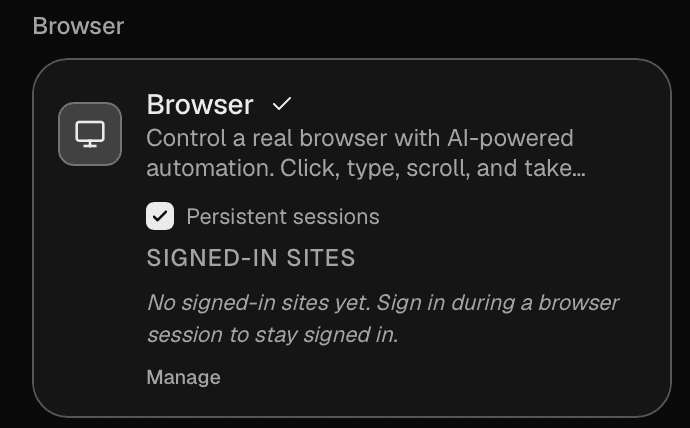 Browser tool in agent Capabilities, with Persistent sessions enabled and a Manage control under Signed-in sites.