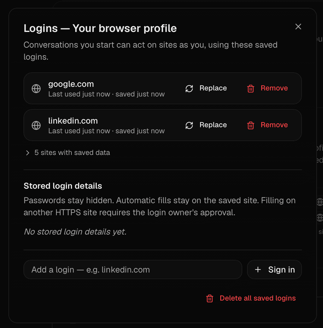 Your browser profile showing saved logins for Google and LinkedIn, Replace and Remove controls, an Add a login field, and Delete all saved logins.
