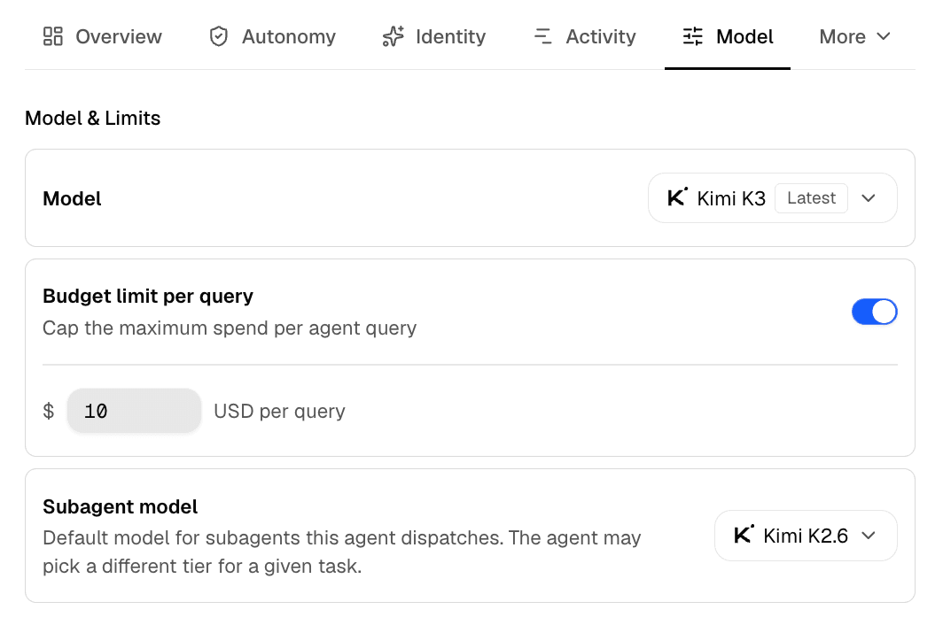 Agent model settings showing the Budget limit per query control for capping the cost of a single run.