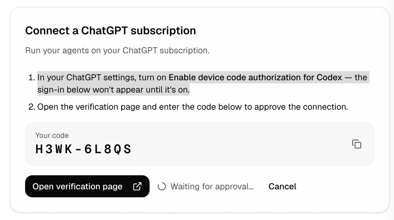Connect a ChatGPT subscription showing the device authorization prerequisite, verification code, and Open verification page button.