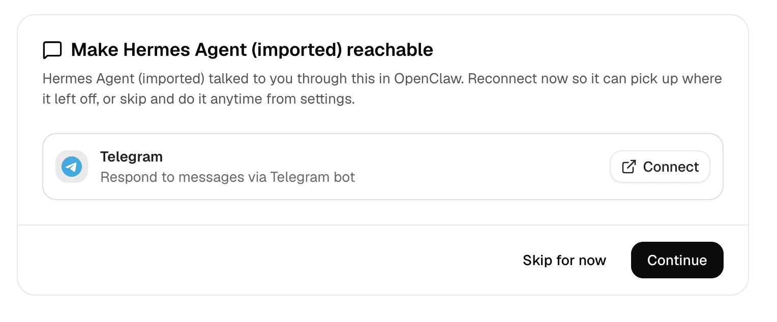 Connect channels screen showing Telegram reconnection for an imported OpenClaw agent.