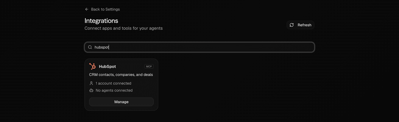 The HubSpot card on the Integrations page showing one account connected
