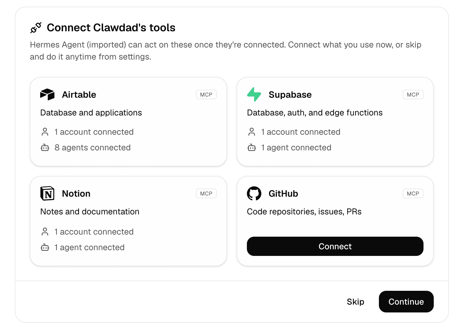 Connect tools screen showing matched integrations for an imported OpenClaw agent.
