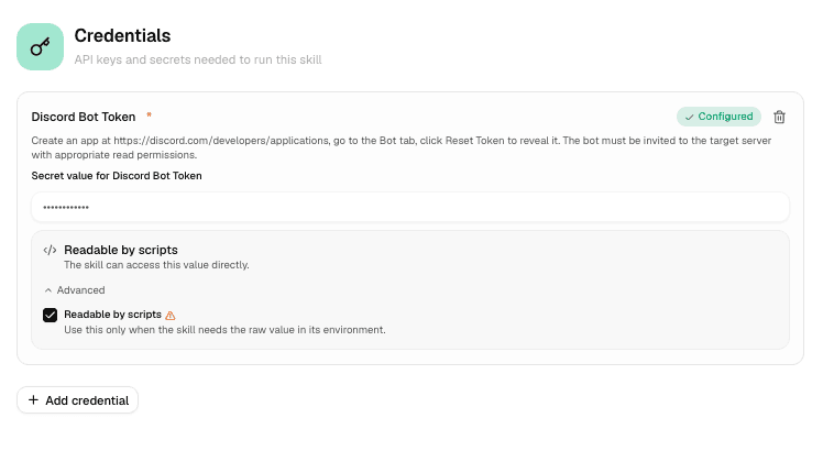 Credentials section of a Discord Server Reader skill with a configured bot token and script access controls.