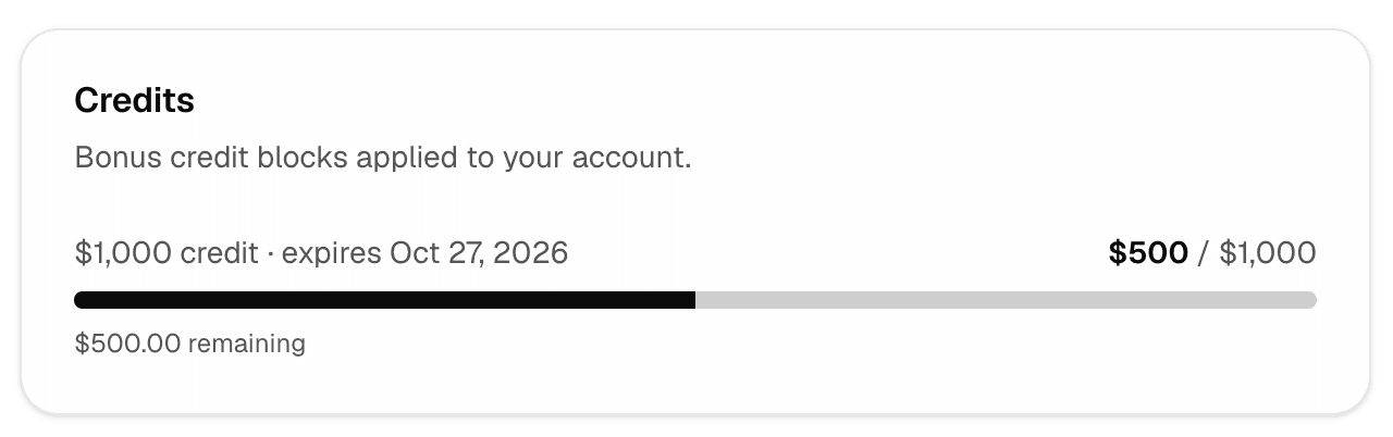 Screenshot of the Usage card in Settings → Billing showing plan and promotional credit blocks, remaining balances, and expiry dates.