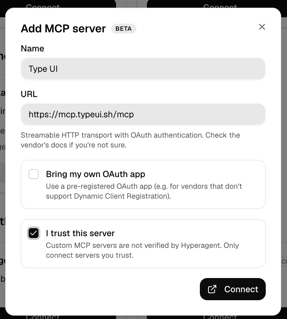 The Add MCP server dialog with Name and URL fields, a Bring my own OAuth app checkbox, and an I trust this server checkbox.