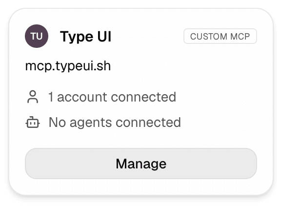 A connected Custom MCP integration card showing one connected account and no agents connected.