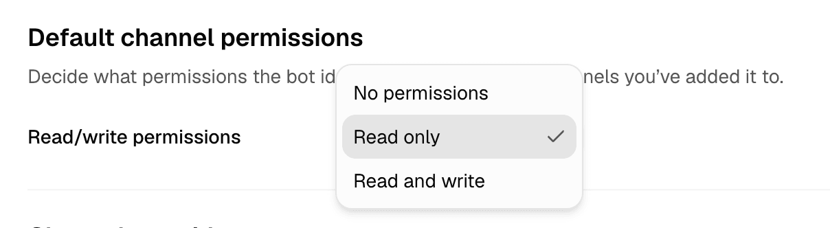 The Default channel permissions section, with a read/write permissions dropdown set to Read only, above an empty Channel overrides list with an Add channel button.