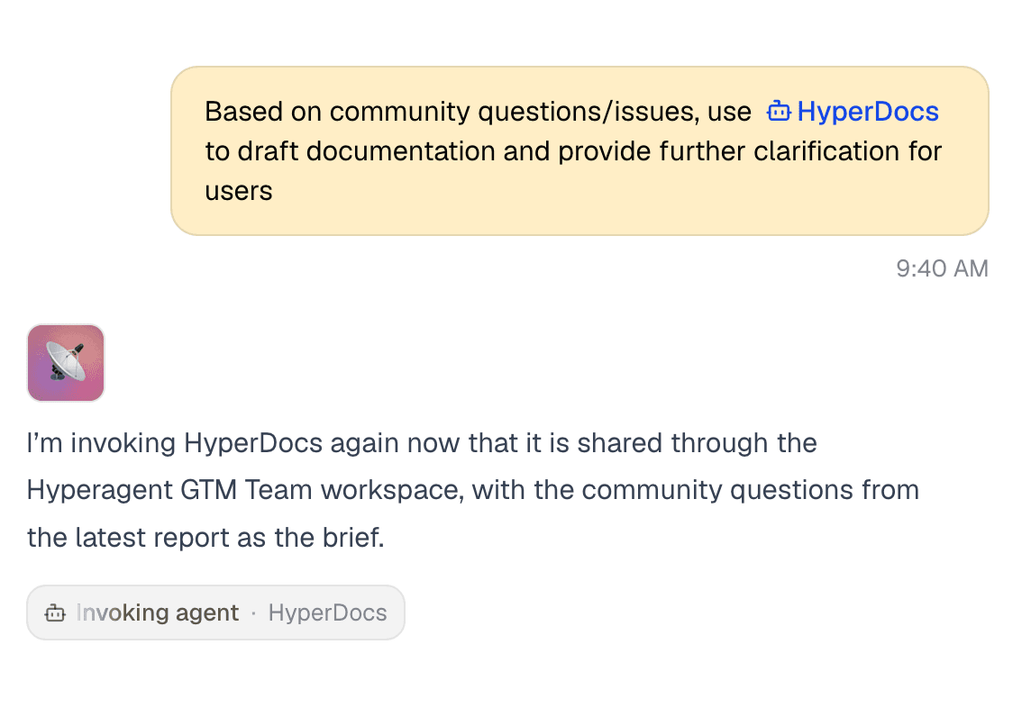 A parent agent invoking the HyperDocs specialist from a thread.