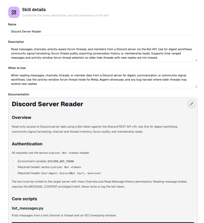 Skill details showing a Discord Server Reader skill with usage guidance and API documentation.
