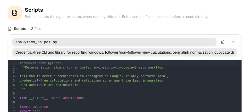 Expanded script editor showing a Python script's name, description, and source code.