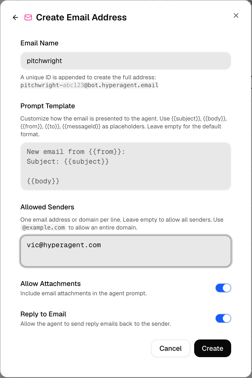 Filled email address setup with prompt template, allowed senders, attachments, and reply behavior.