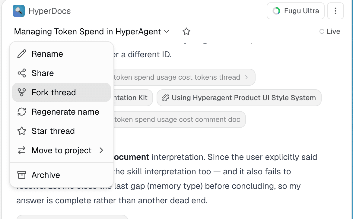 Fork thread action in the thread actions menu.