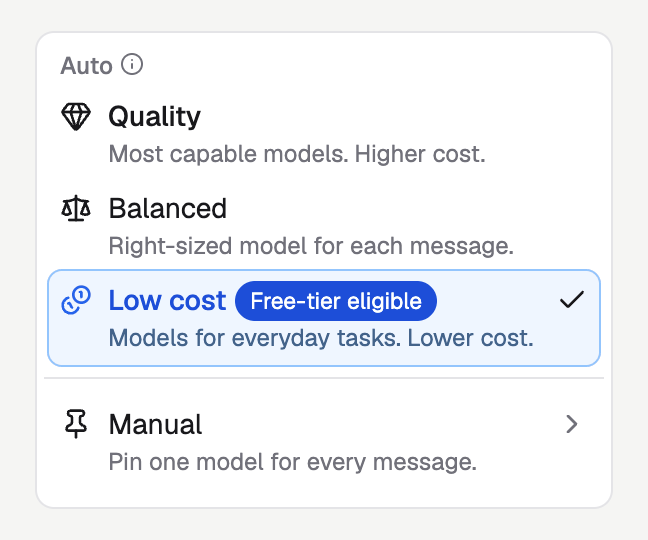 Model picker with Low cost selected and marked Free-tier eligible.