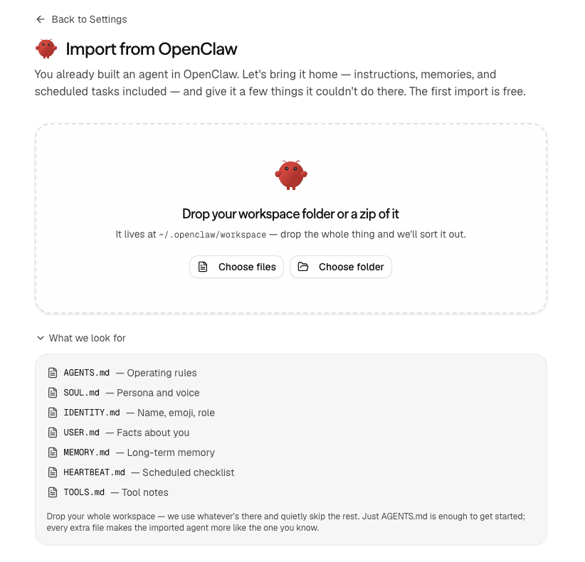 OpenClaw import wizard drop zone and workspace file checklist.