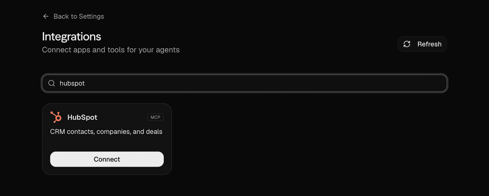 The Integrations page in Hyperagent with the HubSpot card and its Connect button
