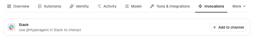 An agent's Invocations tab showing the Slack card with an Add to channel button.