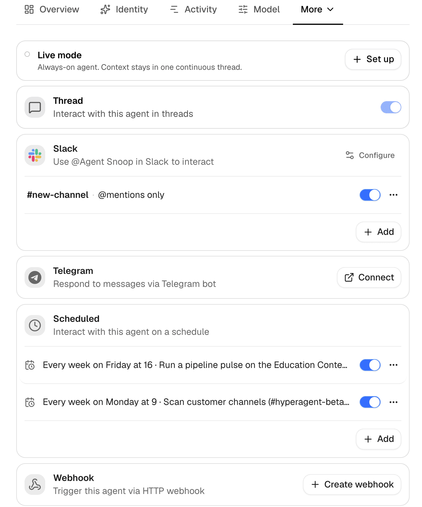 Agent Invocations page with Thread, Slack, Telegram, scheduled runs, Live Mode, and webhooks.