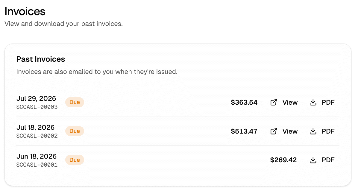 Past Invoices showing invoice dates, numbers, statuses, totals, and PDF download actions.