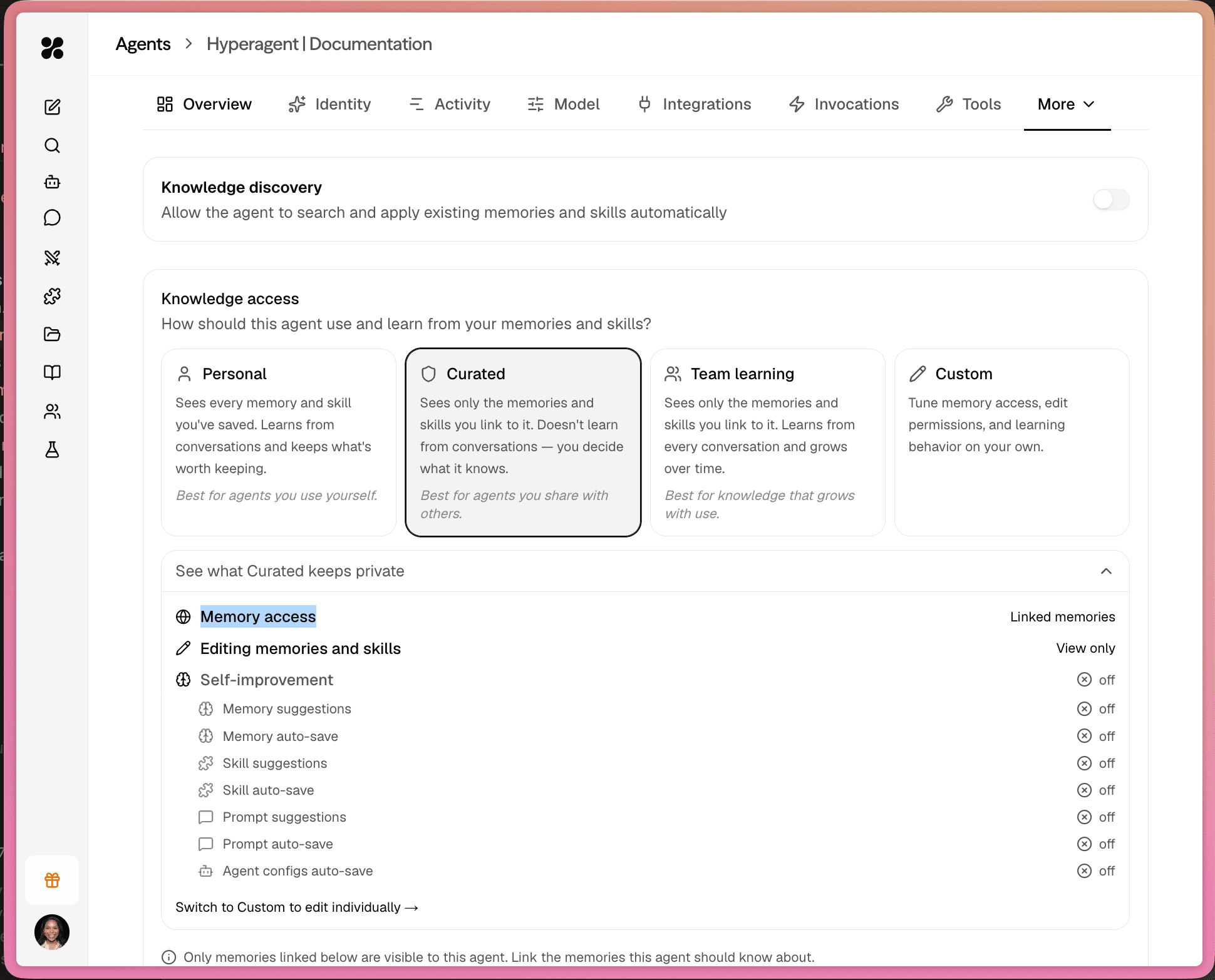Agent Knowledge Access settings showing Personal, Curated, Team Learning, and Custom presets.