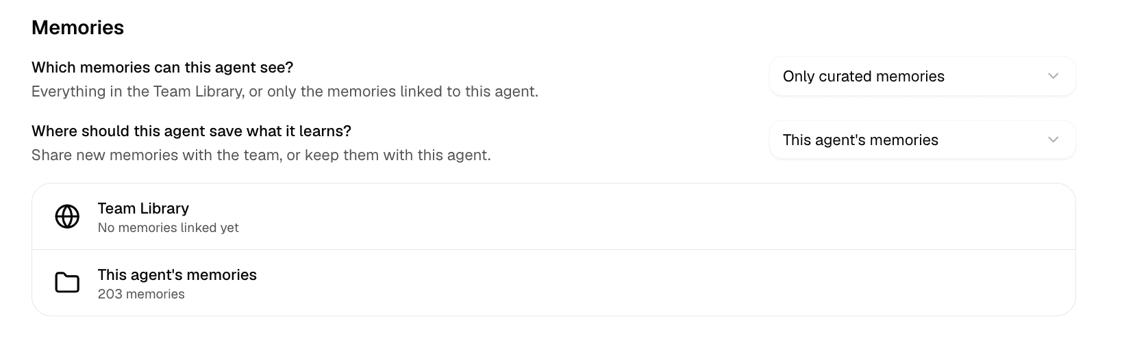 Knowledge controls for which memories an agent can see and where learned memories are saved.