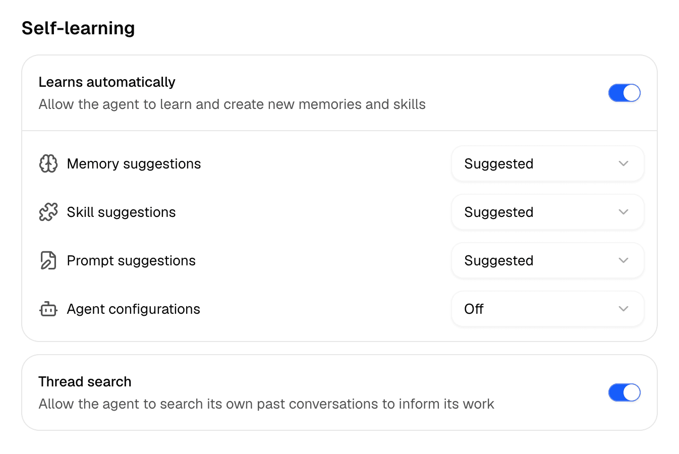 Self-learning controls for memories, skills, prompt suggestions, agent configuration changes, and thread search.