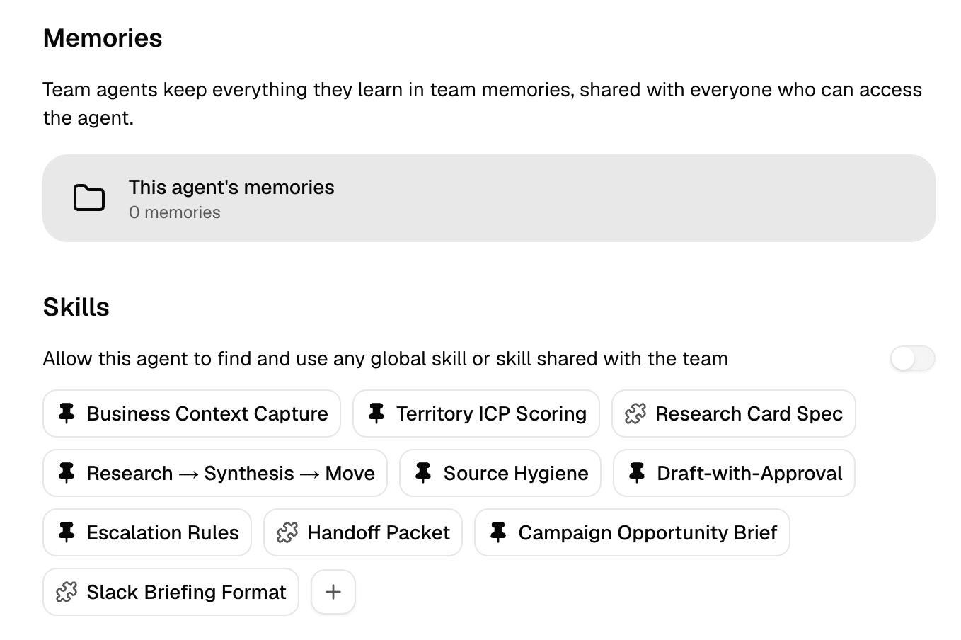 Knowledge section for a team agent showing agent-owned memories and attached skills.