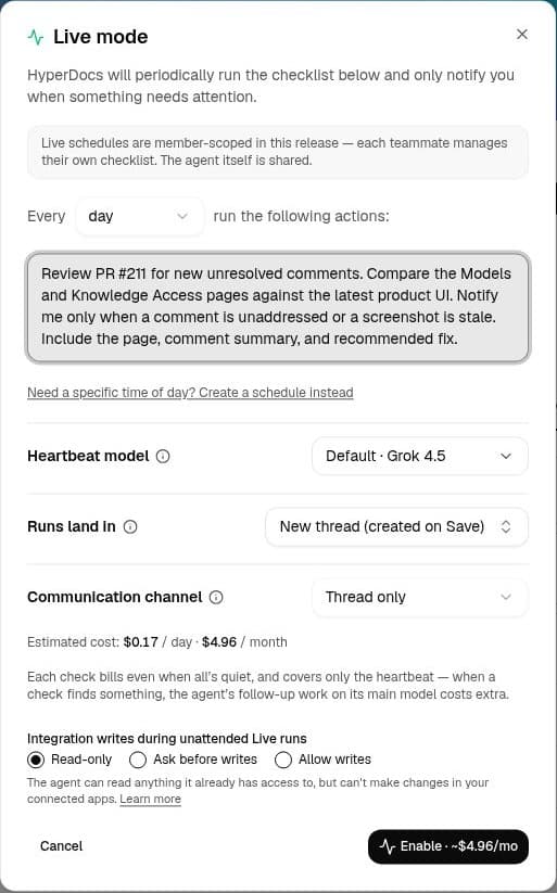 Live mode dialog with interval, checklist, heartbeat model, and write permissions.