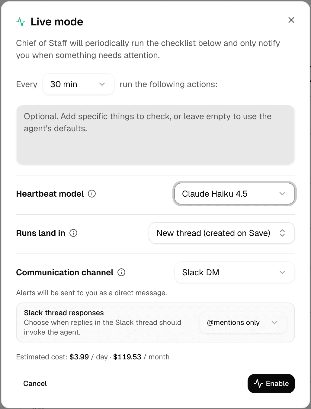 The Live Mode configuration screen where you can set a check interval, checklist, heartbeat model, run location, communication channel, and Slack response behavior.