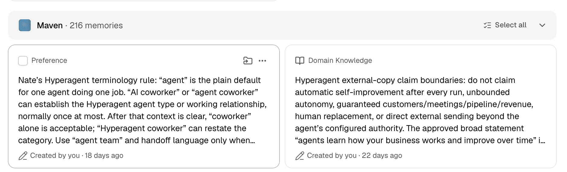 Expanded Maven group on the Workspace memories page showing two agent-owned memories.