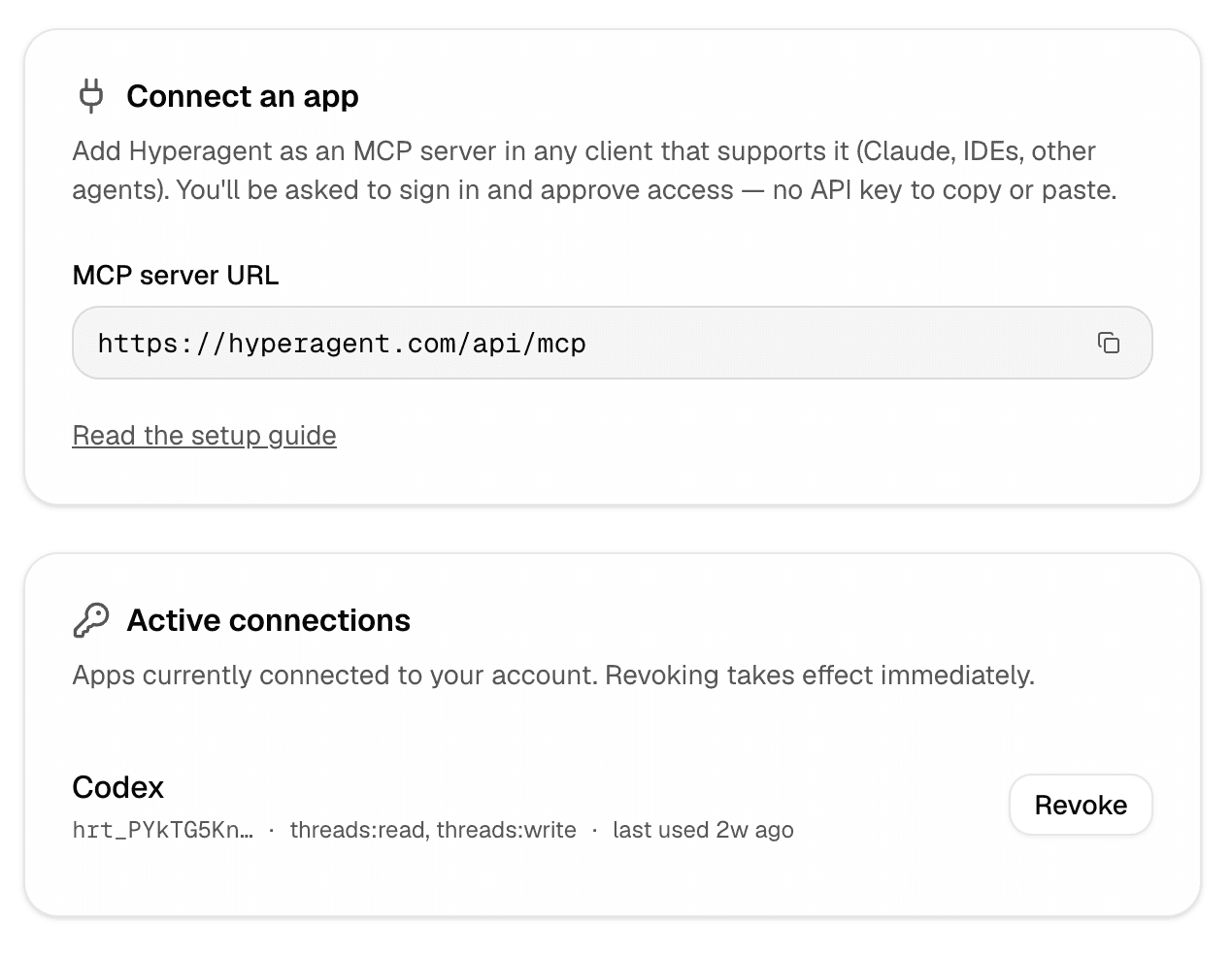 MCP access settings showing the Hyperagent MCP server URL and an active Codex connection.