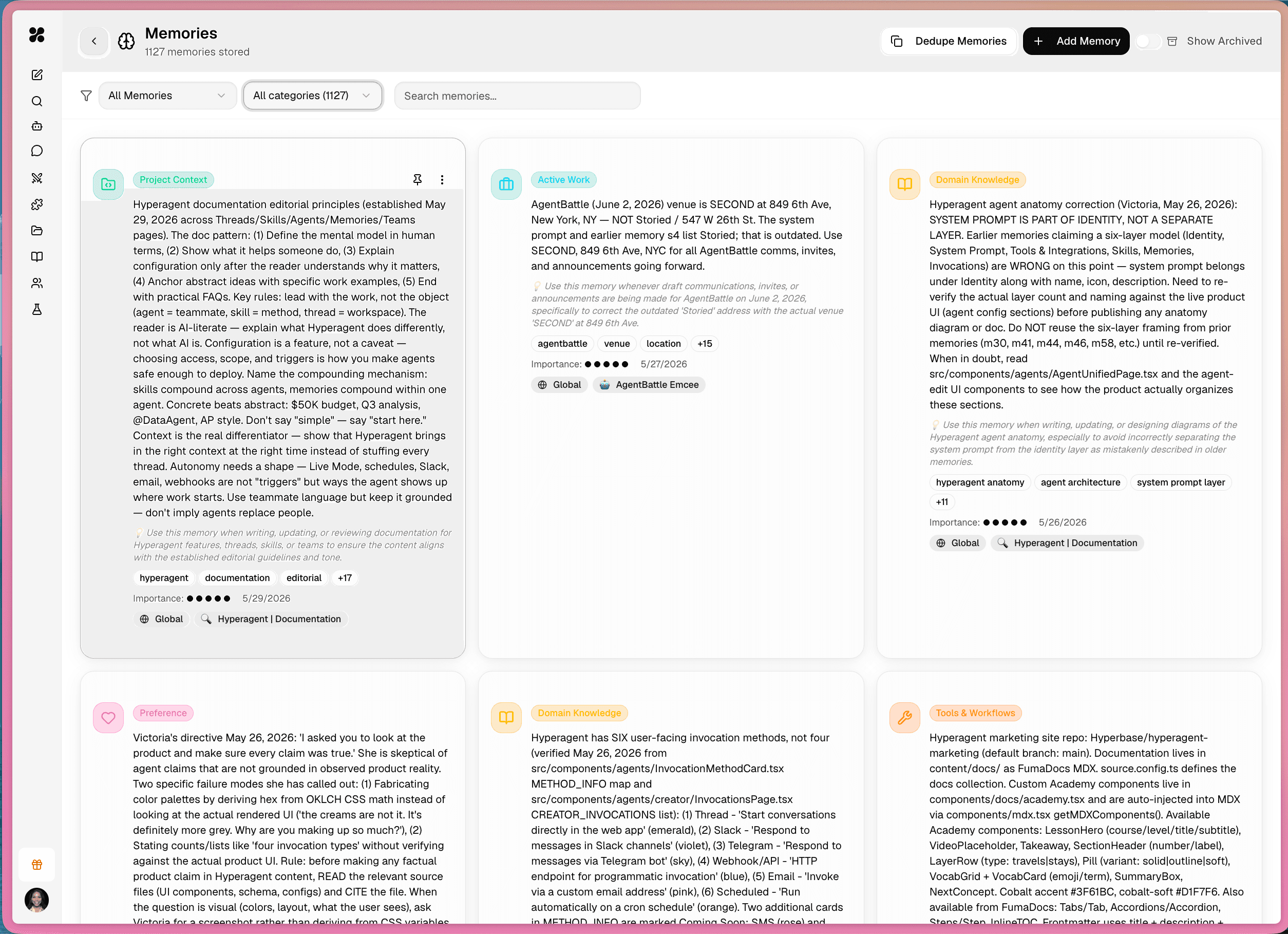 Memories page showing saved memories with filters, categories, importance, and agent context.