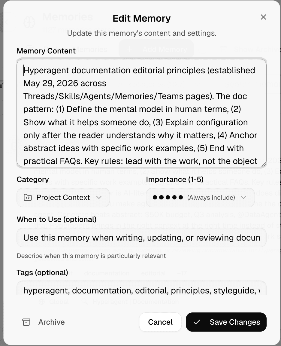 Edit Memory modal showing memory content, category, importance, when-to-use guidance, tags, archive, and save controls.