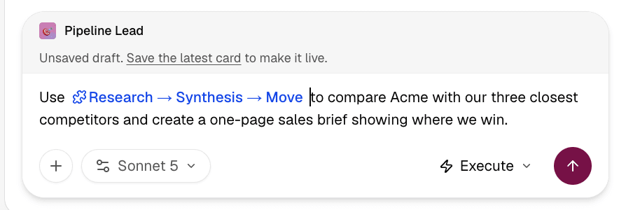 Mention a document, table, or skill to bring it into the thread.