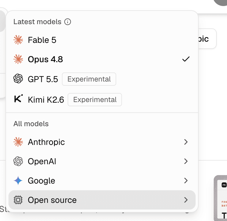 Hyperagent model picker with latest models first and the rest grouped by lab.