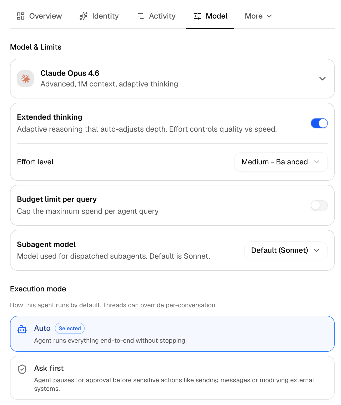 Agent model settings with model choice, effort, budget limit, and subagent model.