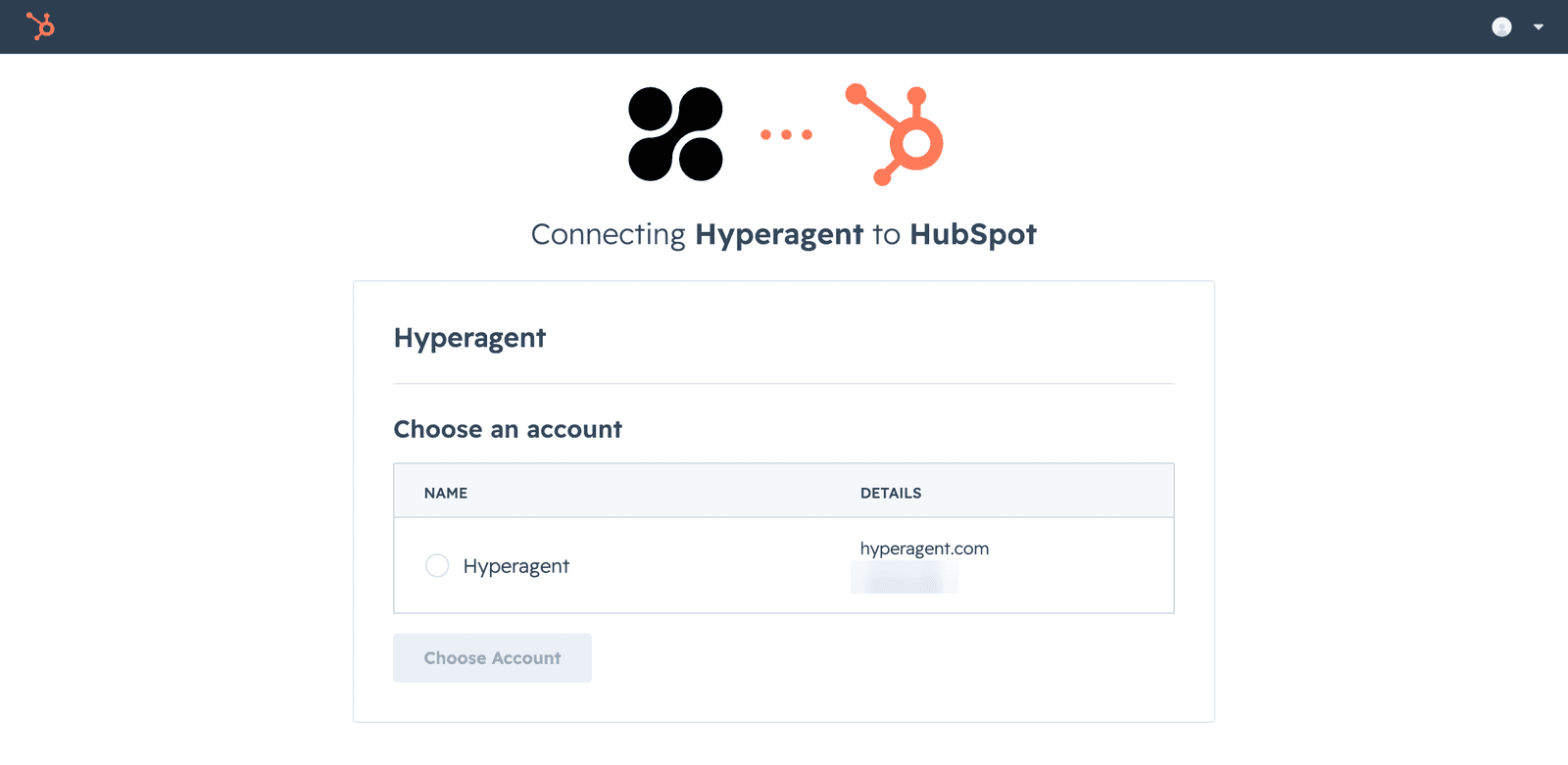HubSpot's account chooser while connecting Hyperagent to HubSpot